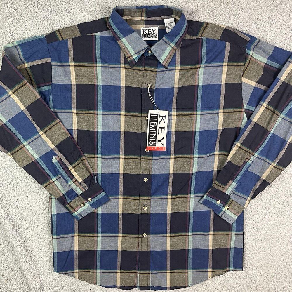 Vintage Key Elements 90's Button Shirt Plaid Blue Grey Long Sleeve Sz‎ Large NOS